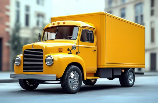 Bright yellow vintage delivery truck parked on city street, chrome details and blurred buildings behind