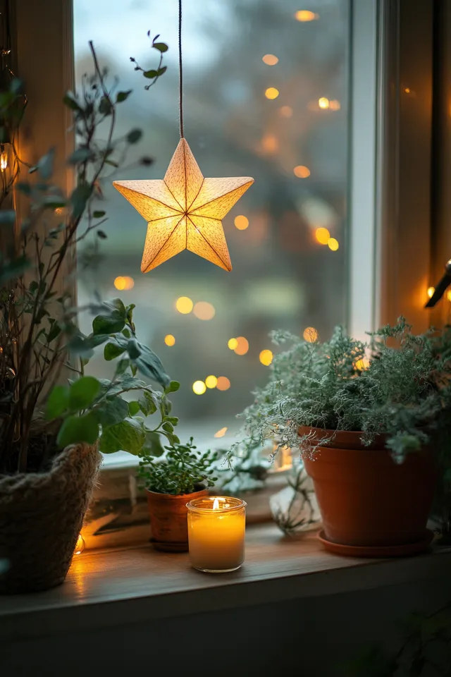 A glowing star lantern hangs by a window with potted greenery and candles on the sill.