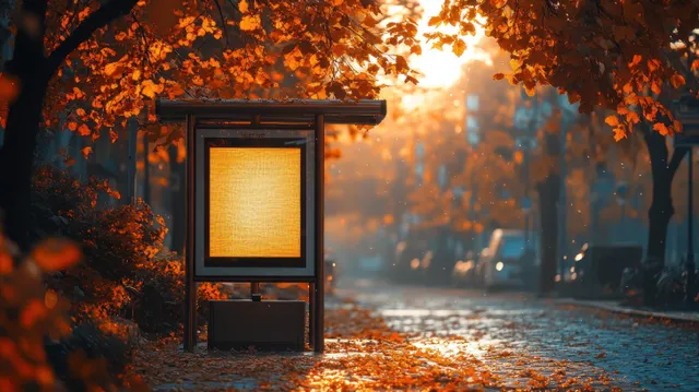 Autumn bus stop sign and empty advertising board along a leaf-covered city street at sunrise