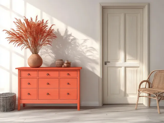 Empty Scandinavian entrance hall with coral sideboard, white door, and sunlit shadows from a wall plant.