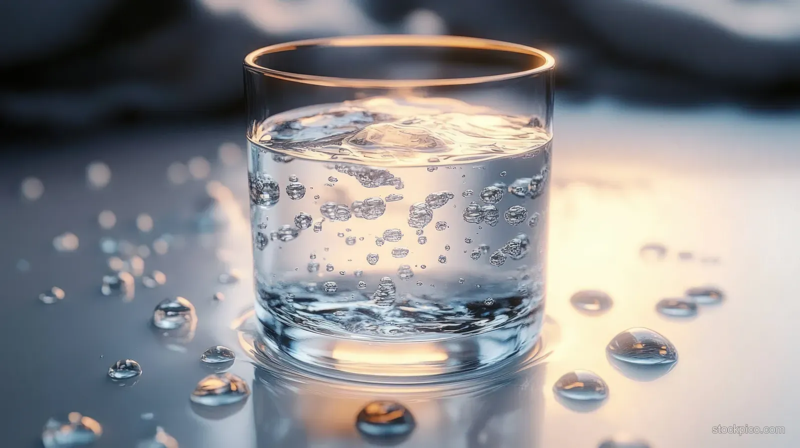 Clear glass of sparkling water with ice cubes and water droplets reflecting warm light on a wet surface.