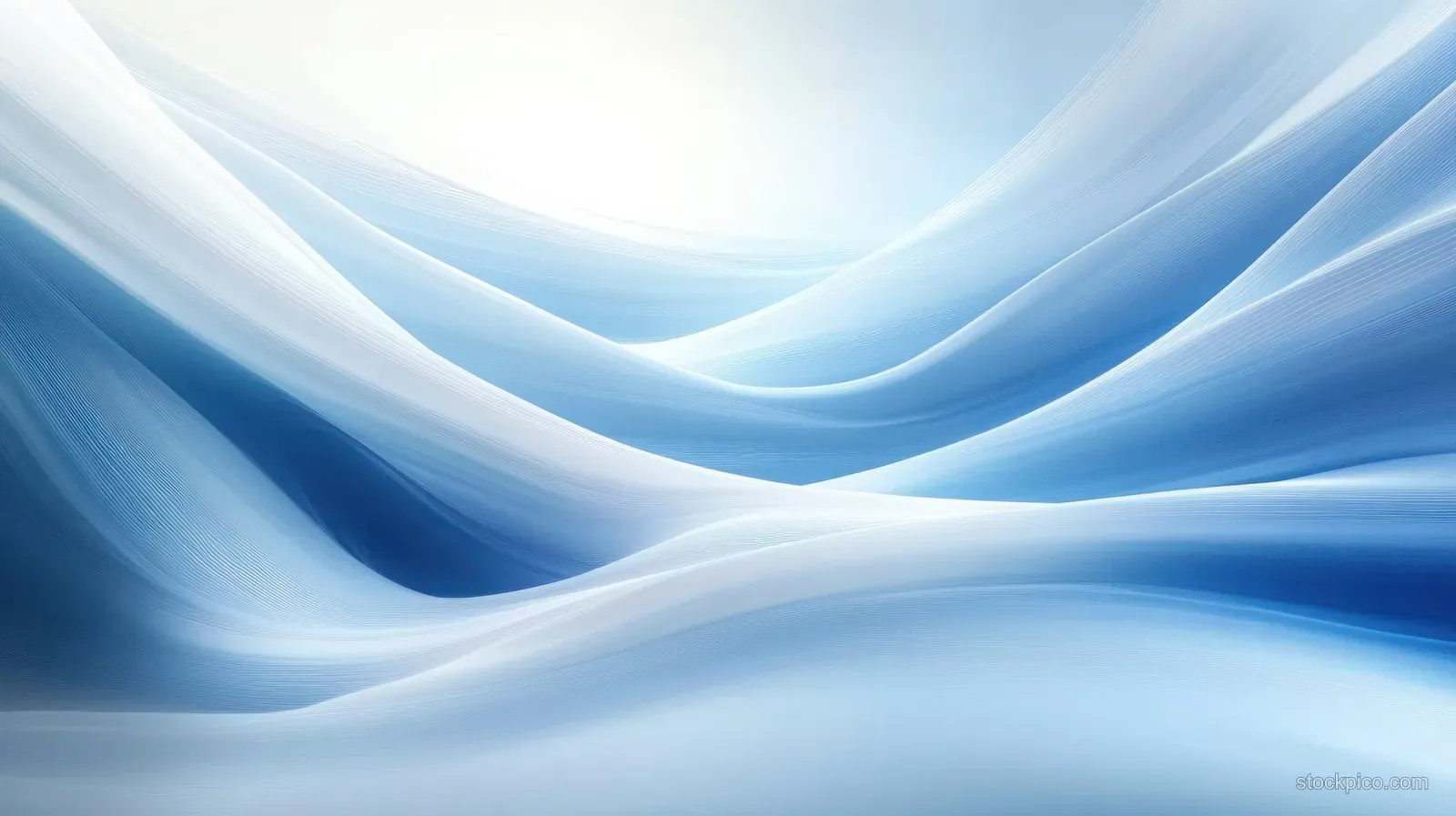 Blue and white abstract wave ribbons with smooth flowing curves across a soft gradient background.