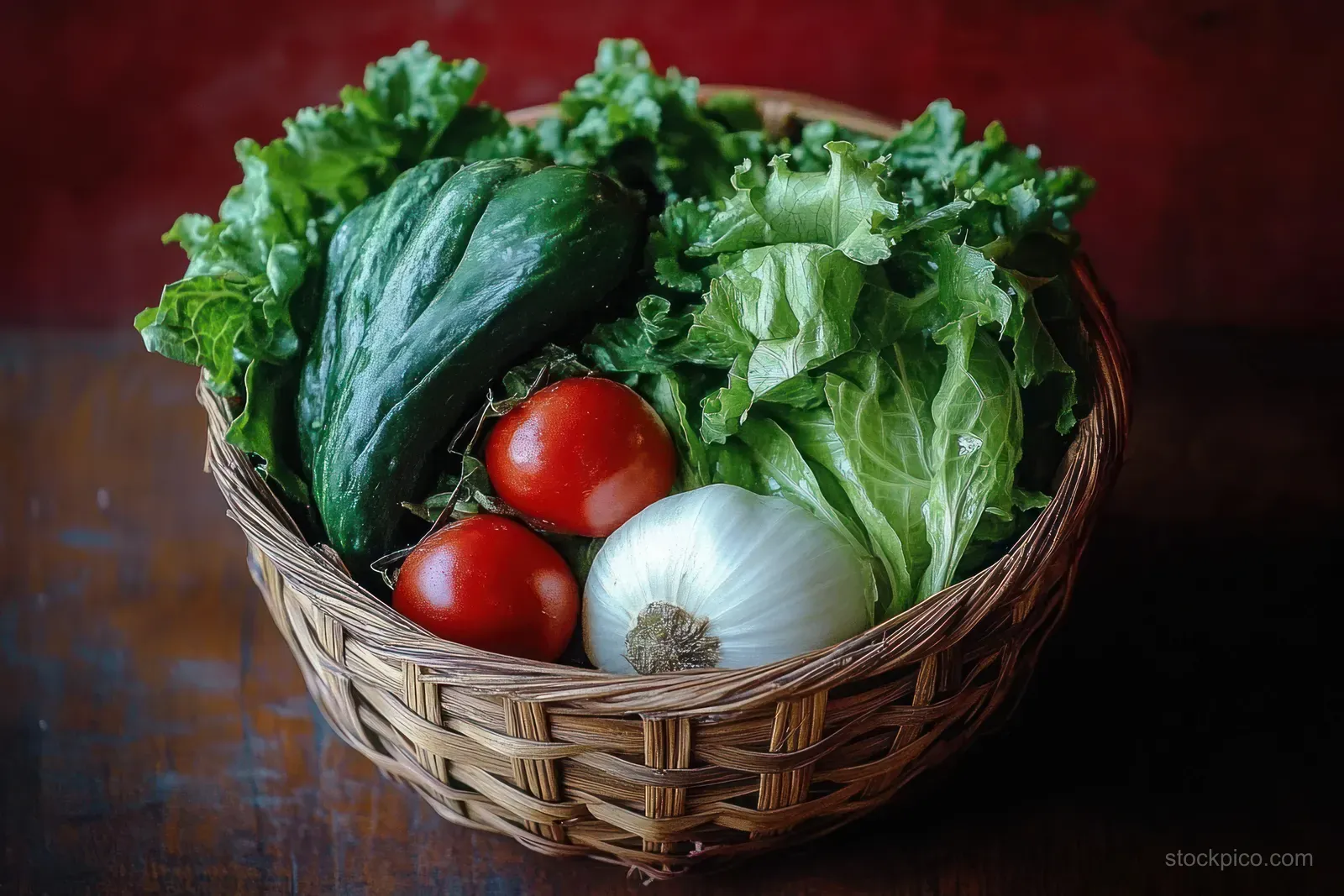 Leafy greens, tomatoes, cucumber, and onion rest in a woven basket under natural light on a rustic surface.