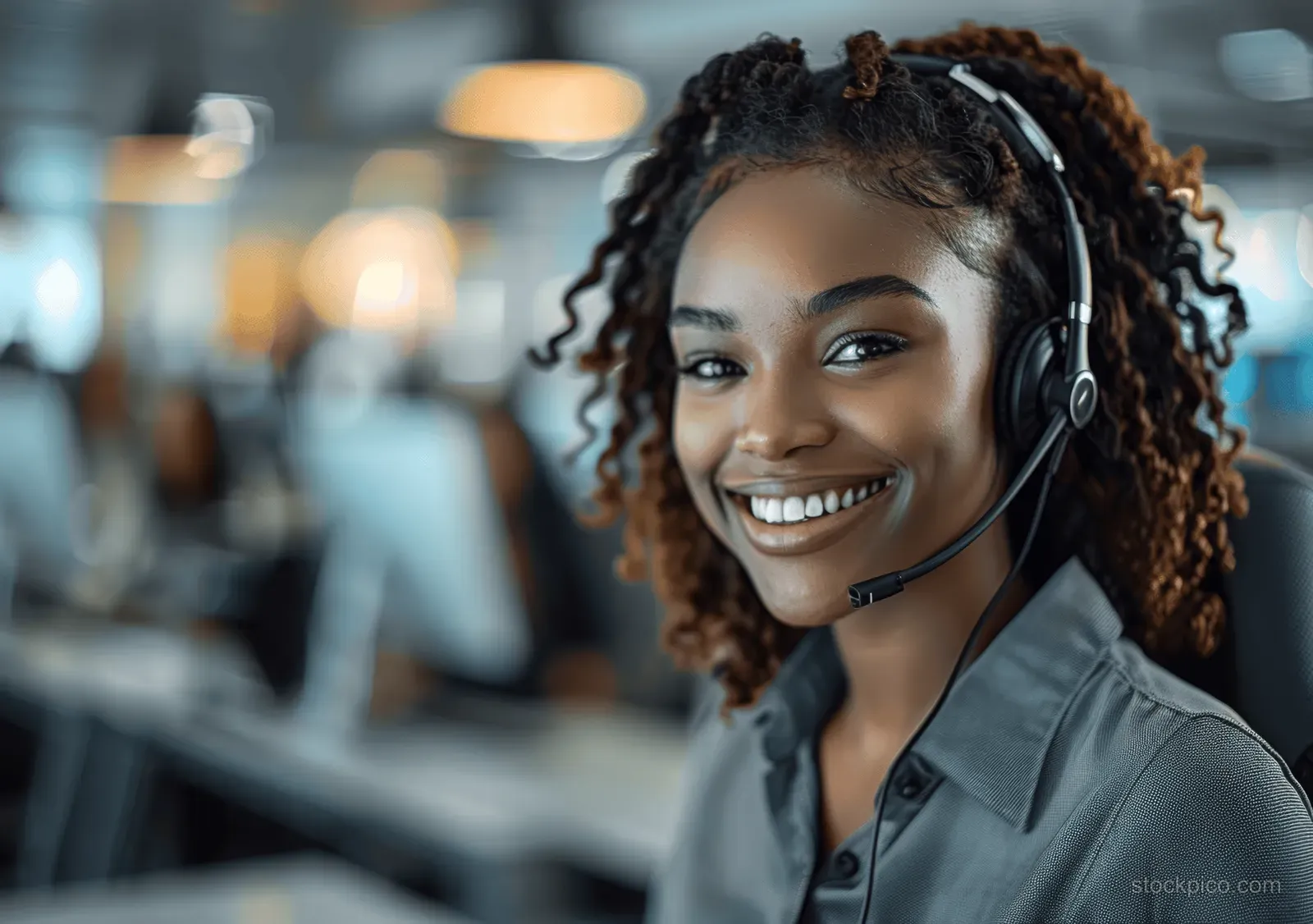 Smiling woman with curly hair wearing a headset microphone in a modern office with blurred coworkers behind.