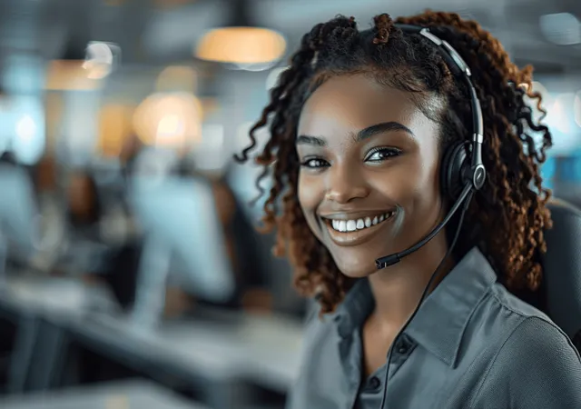 Smiling woman with curly hair wearing a headset microphone in a modern office with blurred coworkers behind.
