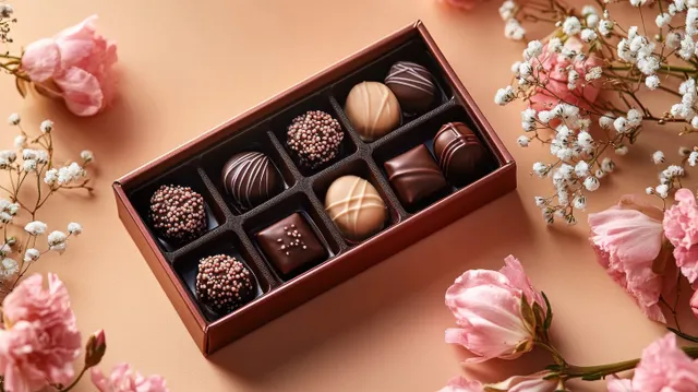 Assorted chocolate gift box with floral blossoms on a soft beige background, close-up
