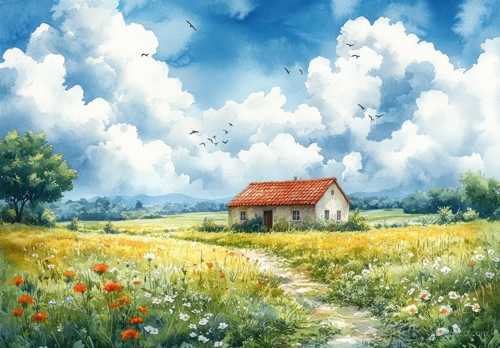 Watercolor countryside scene with a red-roof house, grassy path, wildflower meadow, and blue cumulus sky.