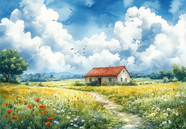 Watercolor countryside scene with a red-roof house, grassy path, wildflower meadow, and blue cumulus sky.