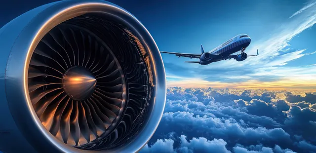 Turbine engine fan blades reflect sunset light as a commercial jet flies above dense clouds.