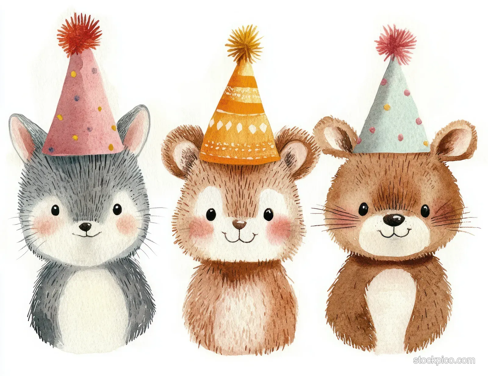 Three cartoon animals in colorful party hats smiling together on a plain white background.