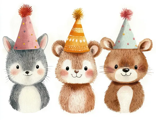 Three cartoon animals wearing colorful party hats smiling on a clean white background