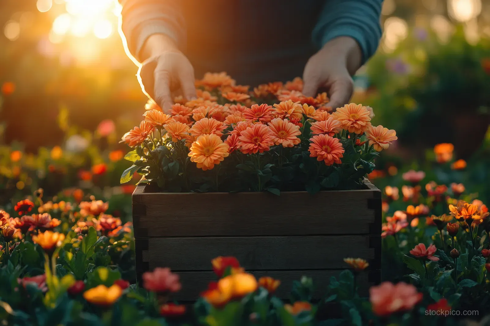 Gloved hands place pink geranium flowers into a wooden box planter in a garden at golden hour.