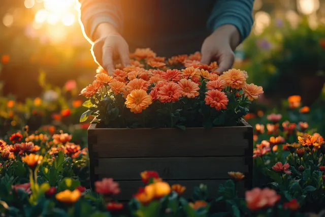 Woman planting pink geraniums in a wooden box on a garden patio at golden hour