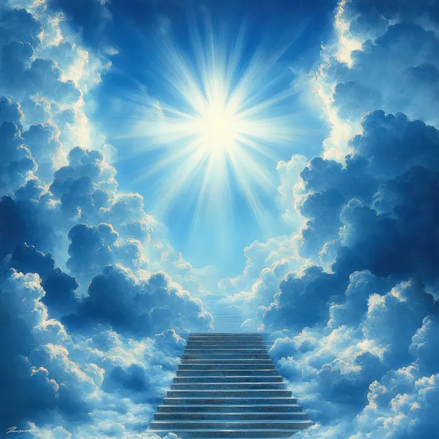A glowing sun beams through blue clouds above a long stone staircase ascending into the sky.