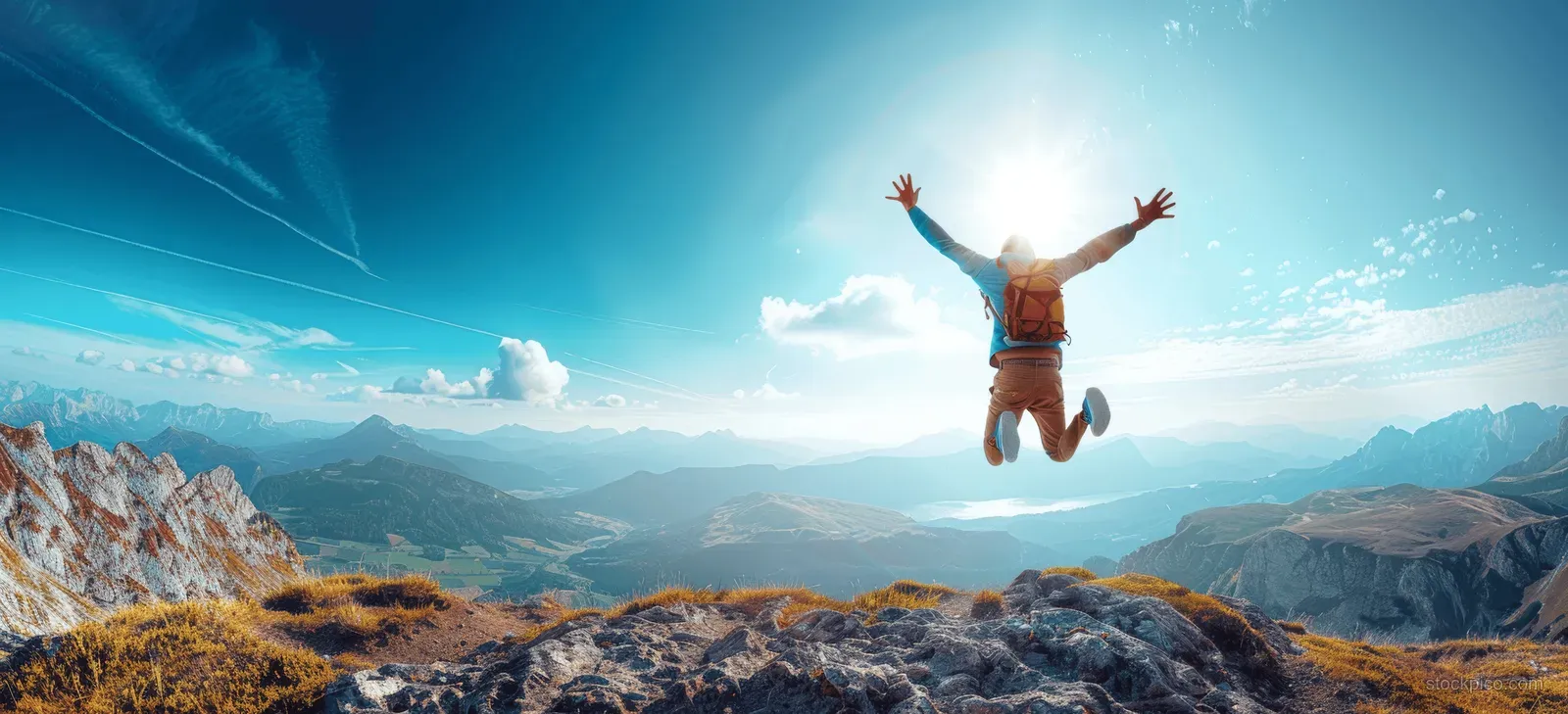 A hiker jumps joyfully on a rocky mountain summit with a wide valley panorama under bright sunlight.