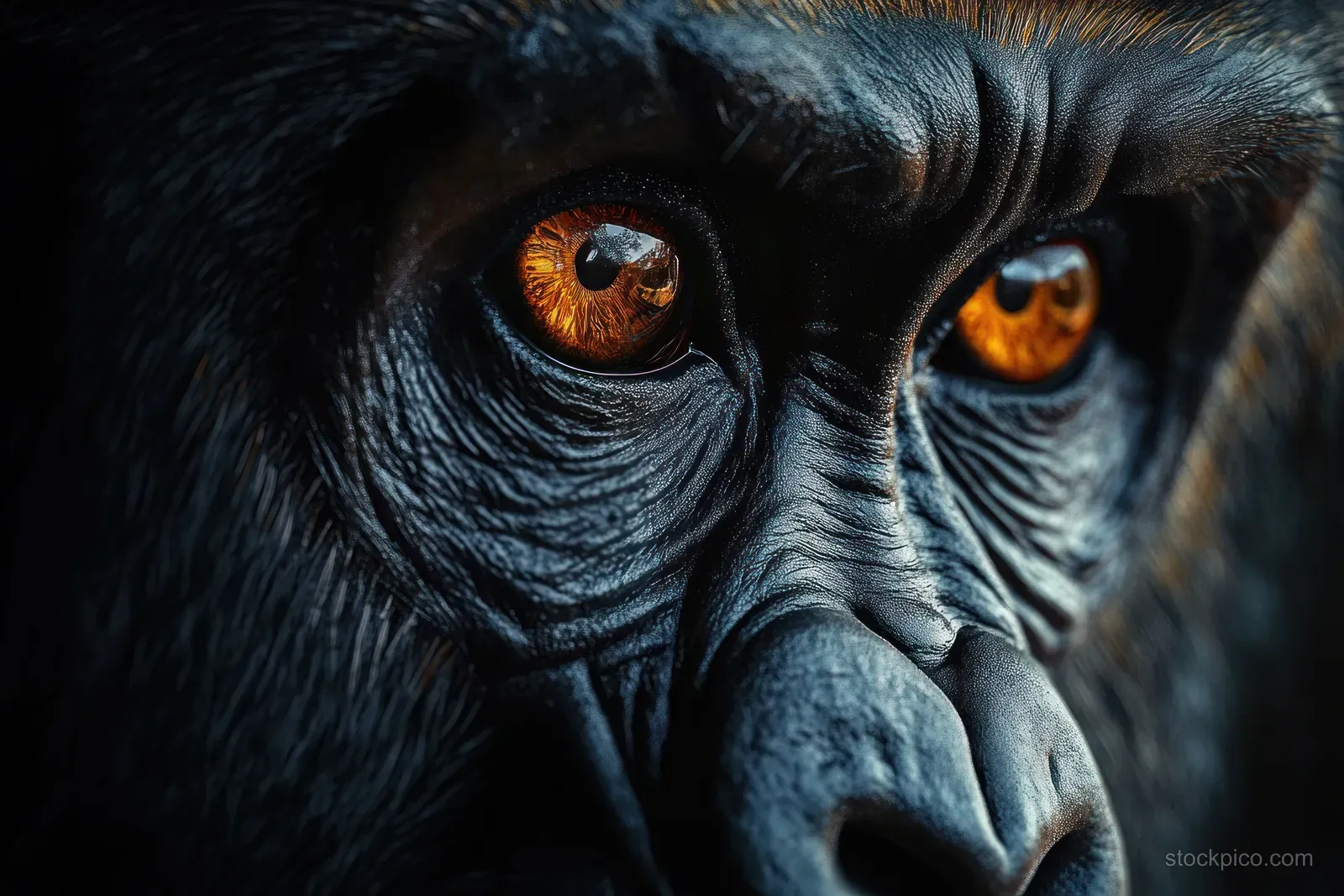Close-up of a primate face with vivid orange eyes and textured skin in a focused stare.