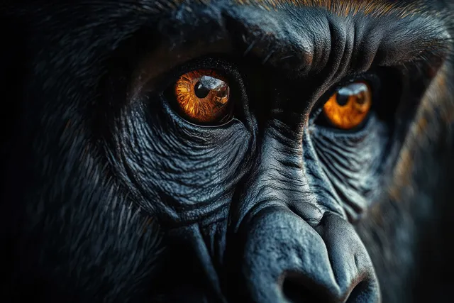 Close-up of a primate face with vivid orange eyes and textured skin in a focused stare.