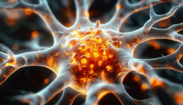 A glowing neuron with branching dendrites emits orange light sparks in dark neural tissue.