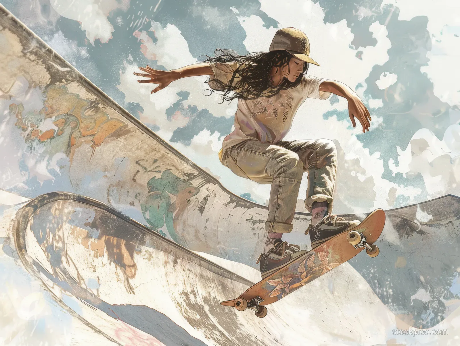 A UK woman skateboarder glides along a curved skate bowl ramp in soft pastel motion blur.