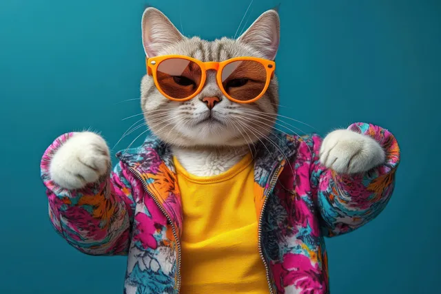 Gray cat wearing orange sunglasses and a colorful floral jacket poses with raised paws against a teal background.