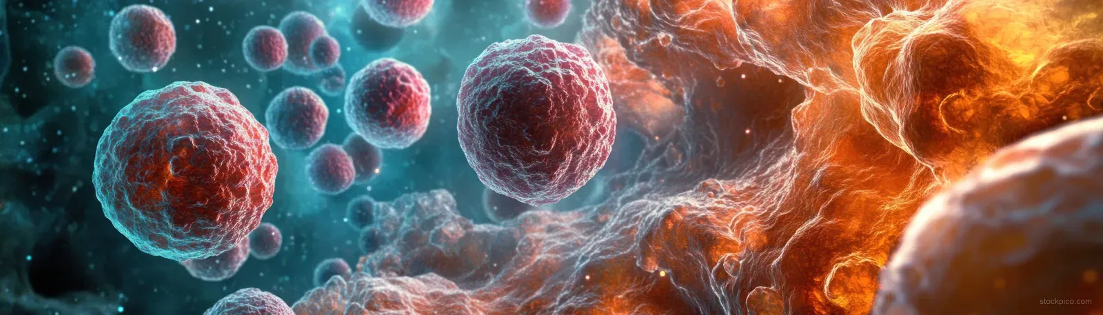 Textured spherical cells float in a fluid with contrasting blue and orange glowing light.