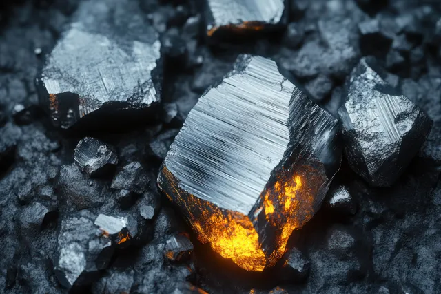 Lithium ore crystal close-up glowing in dark rock with fiery underlight texture