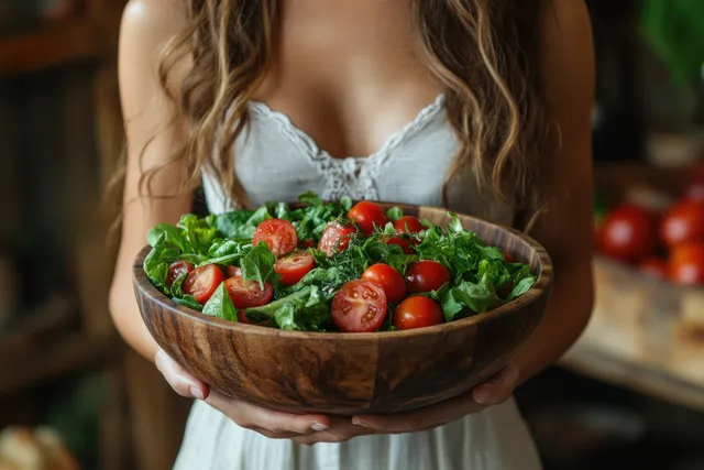 Mature woman holds a bowl of vegan salad with greens and tomatoes in a cozy kitchen.