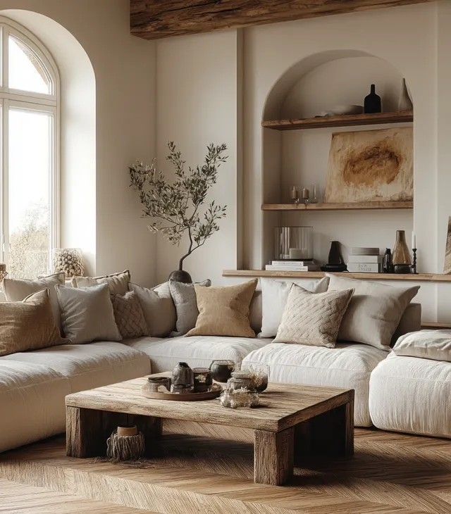 Beige sofa and rustic wooden coffee table in a Scandinavian living room with greenery by tall arched windows.