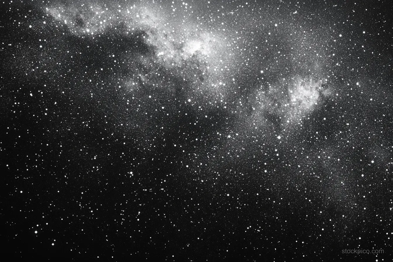 Black and white star field fills the sky with dense star clusters and cloudy nebula shapes in deep space.