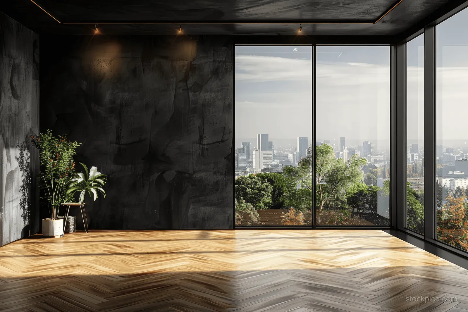 Empty modern living room with dark textured wall, herringbone wood floor, and floor-to-ceiling windows overlooking city skyline and trees.