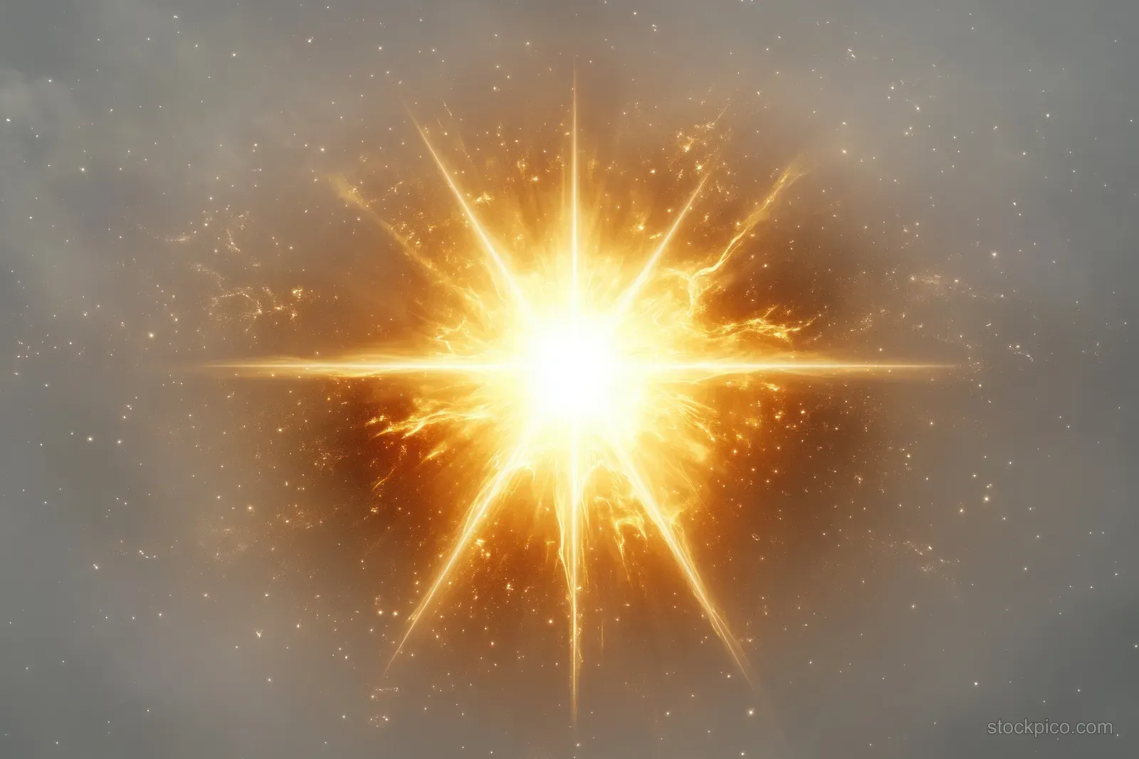 A glowing golden starburst flare radiates fiery sparks from a bright center over a soft grey background.