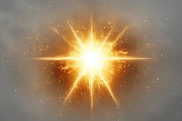 A glowing golden starburst flare radiates fiery sparks from a bright center over a soft grey background.