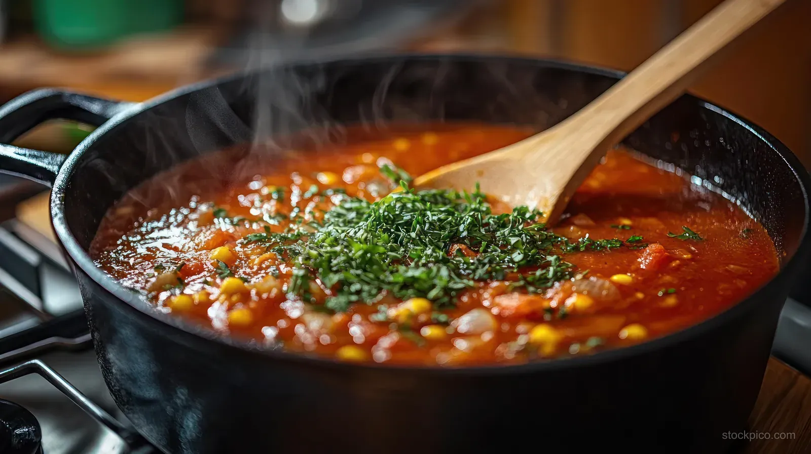 A wooden spoon stirs steaming tomato vegetable soup in a black pot on a stovetop with chopped herbs on top.