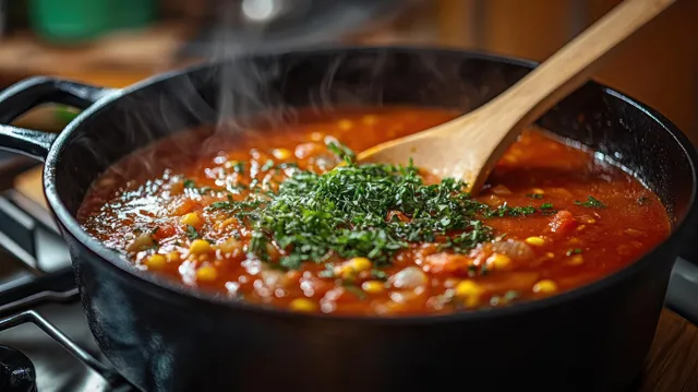 A wooden spoon stirs steaming tomato vegetable soup in a black pot on a stovetop with chopped herbs on top.
