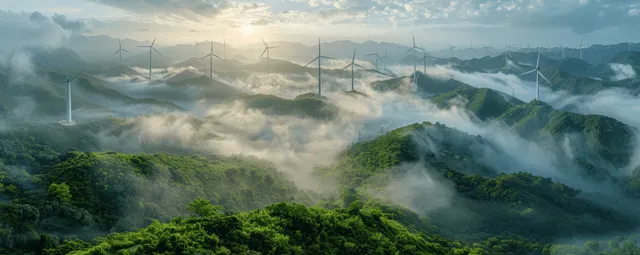 Wind turbines rotate across foggy mountain ridges with a wide valley and cloudy sky in view.
