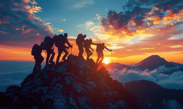 Hikers with backpacks help each other climb a mountain ridge at sunset