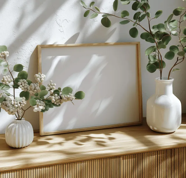 Framed poster mockup on a wooden sideboard with vase and small flowers under sunlight shadows.