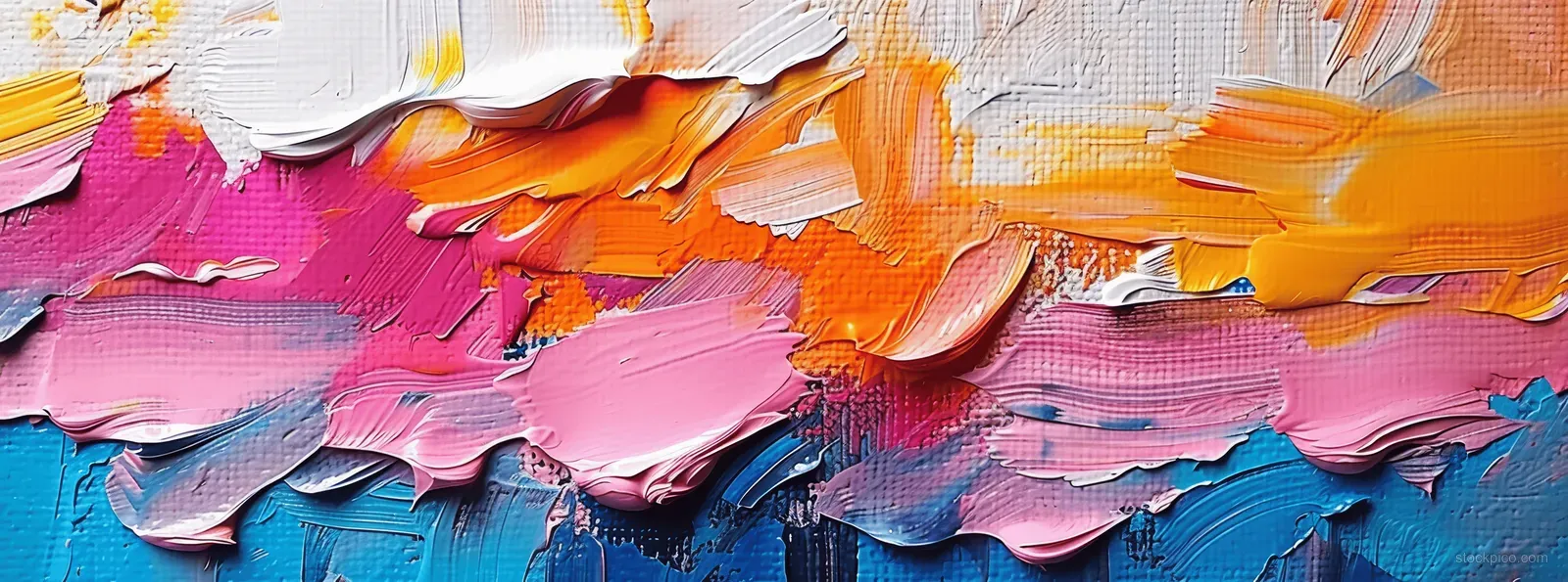 Thick orange pink and blue paint ridges and brush strokes form an abstract oil painting texture background.