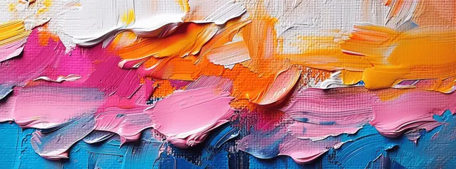 Thick orange pink and blue paint ridges and brush strokes form an abstract oil painting texture background.