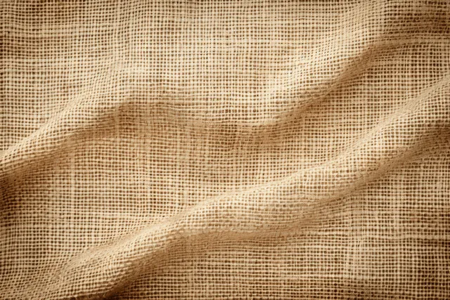 Closeup of crumpled light beige jute hessian sackcloth fabric with visible woven burlap texture.