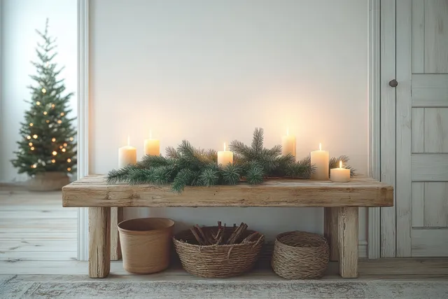 Warm candles sit on a rustic console table with pine branches in a bright Scandinavian entryway.