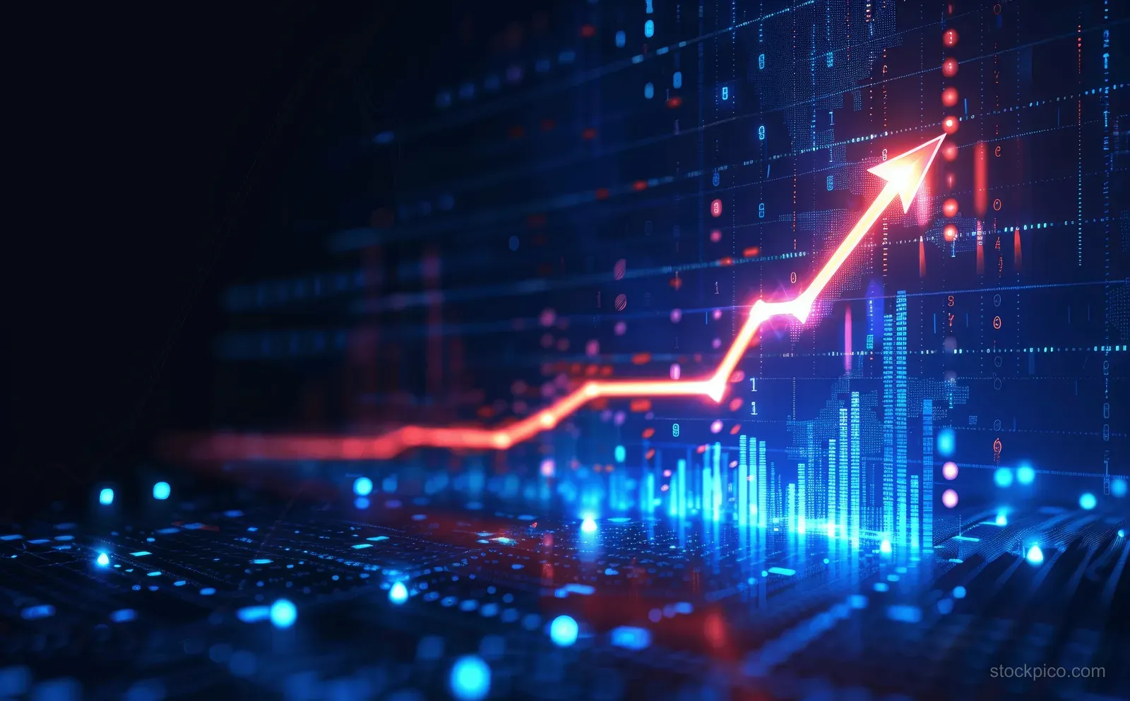 Glowing arrow chart shows upward stock performance against a blue data grid of digital lights.