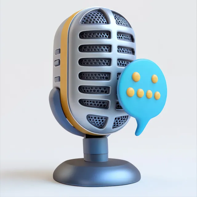 Retro microphone with a speech bubble showing braille dots floating beside it.