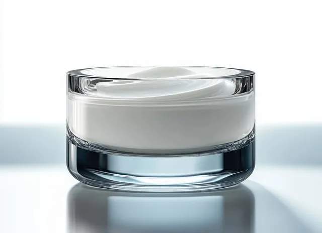 Transparent glass jar filled with smooth white cream resting on a reflective surface in bright studio light.