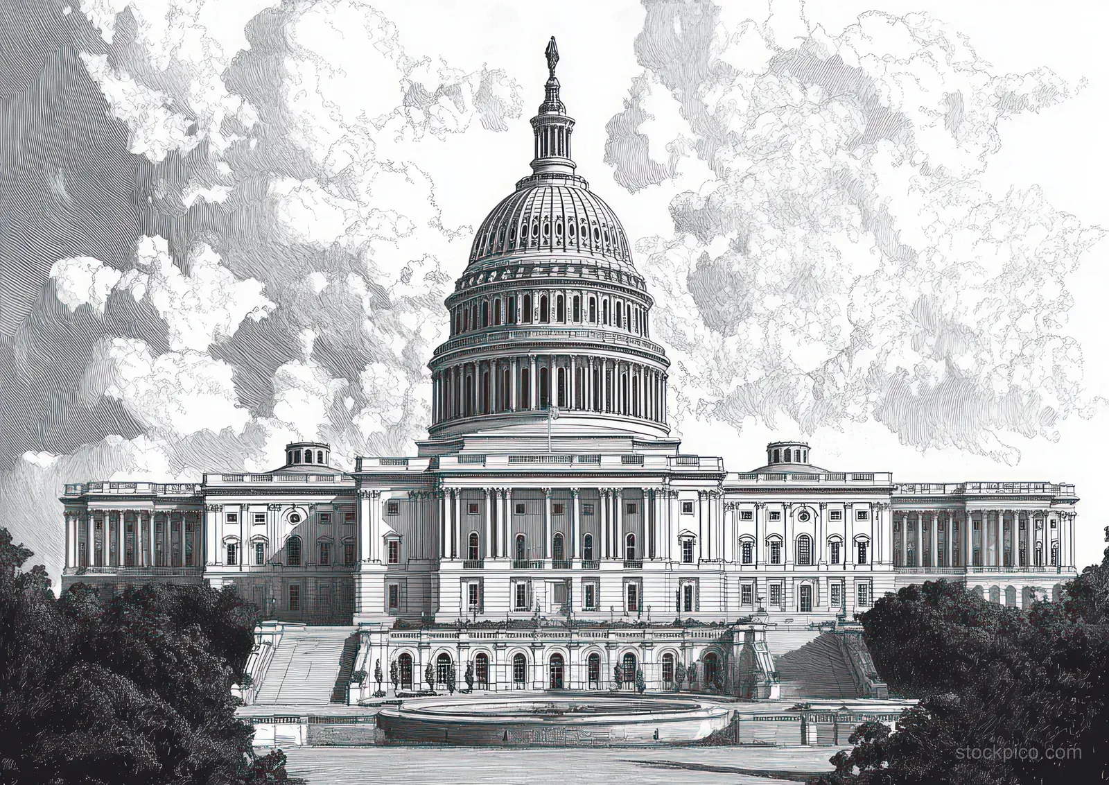 Black and white drawing of a domed capitol building with columns and steps, trees flanking it under cloudy skies.