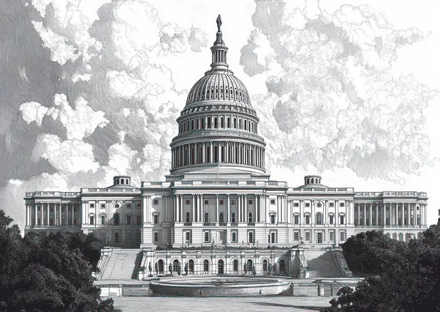 Black and white architectural drawing of a domed capitol building with trees under clouds