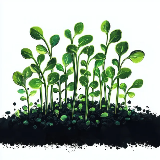 Green seedlings sprout from dark soil on a clean white background.