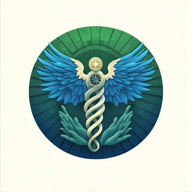 A stylized winged caduceus with blue wings and intertwined serpents centered on a green circular emblem.