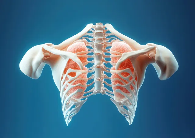 3D human ribcage and spine with shoulder blades display semi-transparent lobed lungs on a blue background.