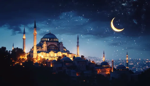 A brightly lit historic mosque with minarets stands against a starry sky beneath a glowing crescent moon.